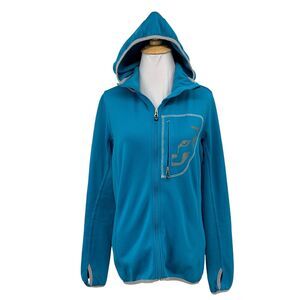 Dynafit Jacket Women L Large Cyan Fleece Lined Full Zip Thumbholes Pocket Hooded
